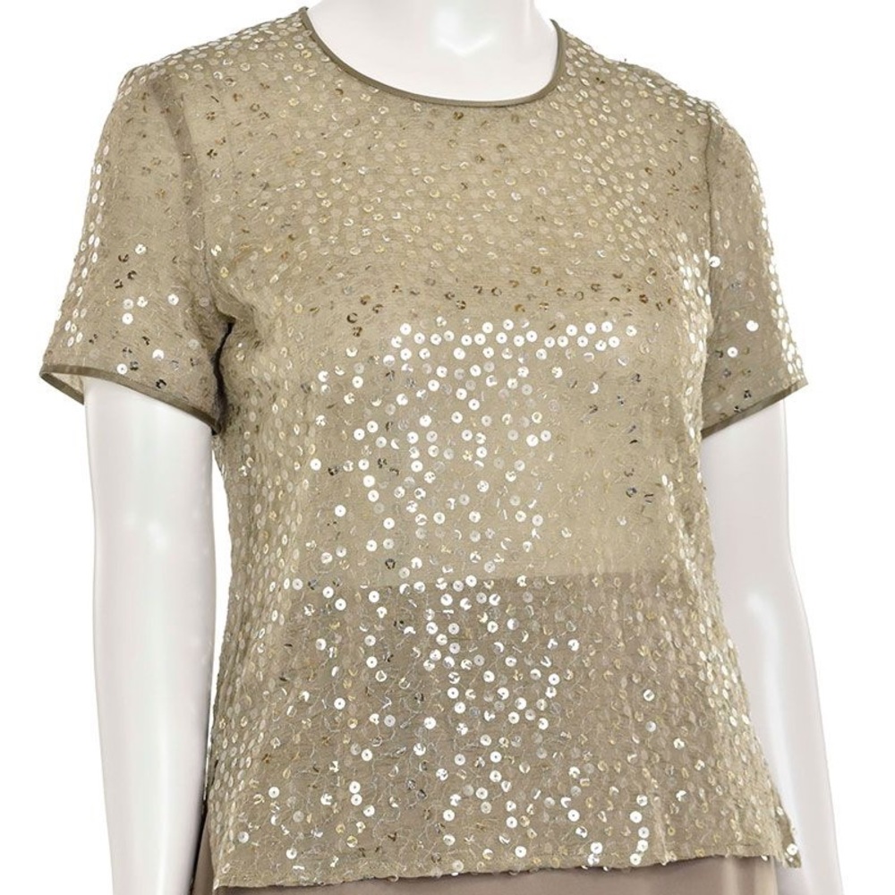 Vintage ESCADA Margaretha Ley Metallic Silver Sequined Silk Short Sleeve Blouse